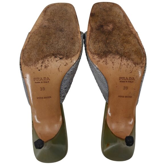 Vintage Prada Italy Designer Heels Grey Green Leather Womens 9 Mules Dress Shoes - Picture 5 of 14